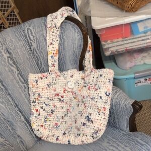 White Textured Tote Bag Hand Crochet with Speckled Design